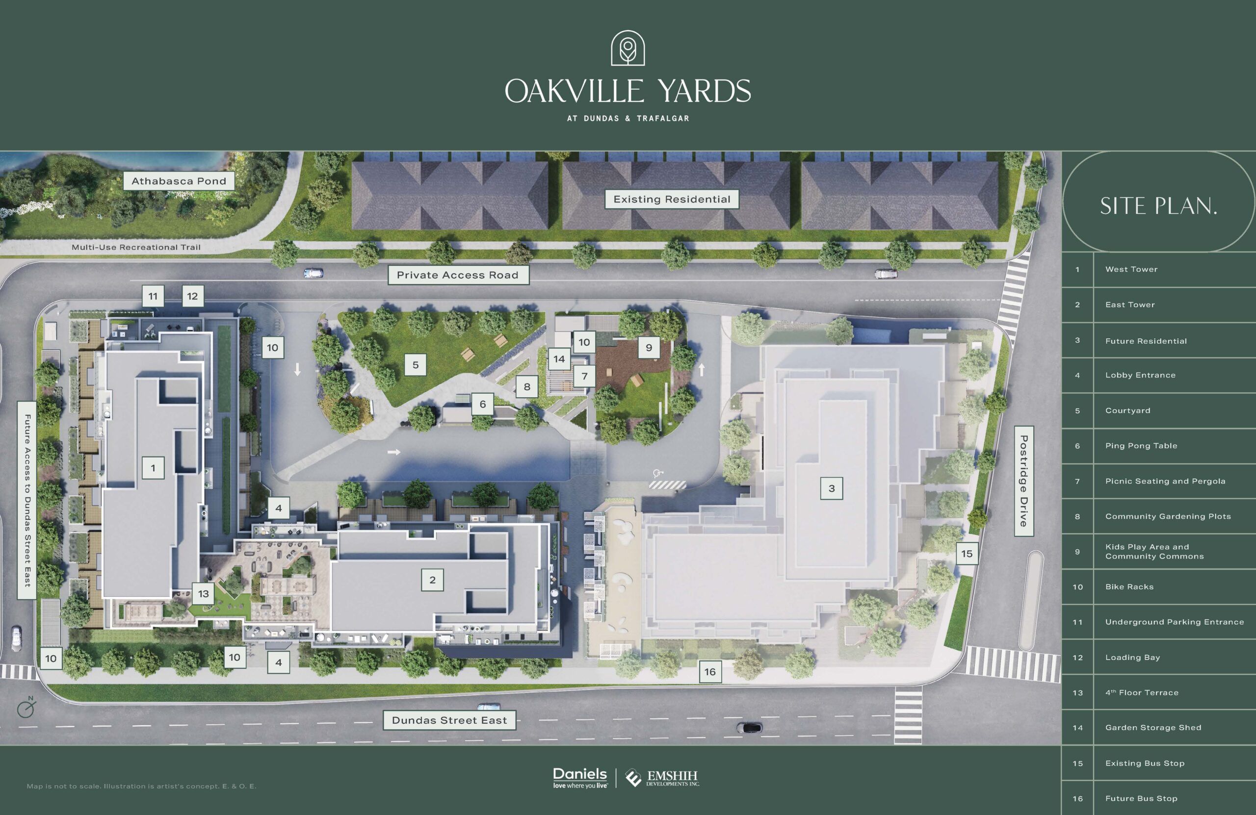 Aerial view of Oakville Yards site plan with labels.