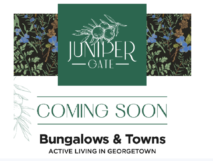 Advertisement for Juniper Gate upcoming bungalows and townhomes.