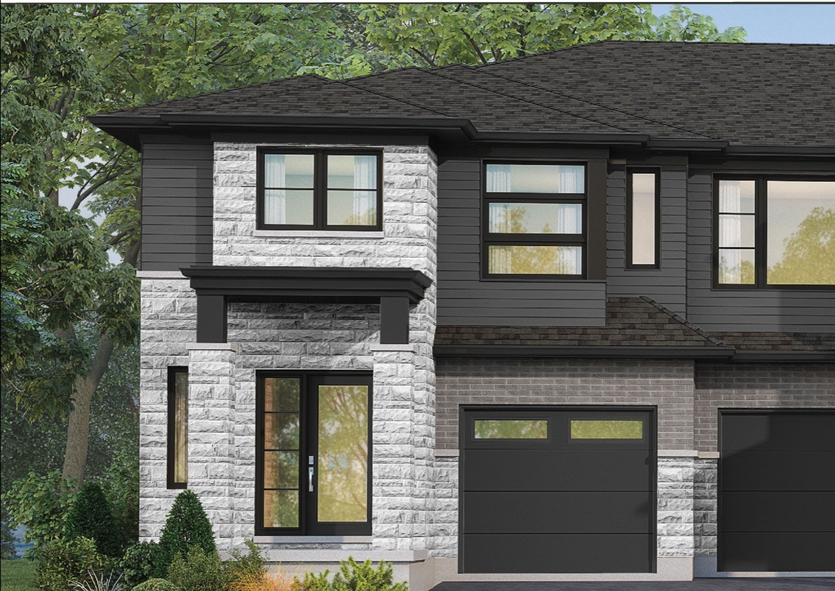 Modern two-story house with stone accents and garage.