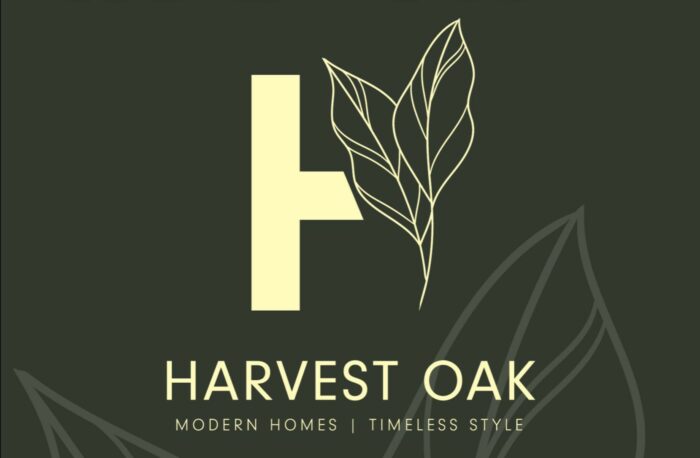 Harvest Oak logo with leaf design, modern and timeless style.