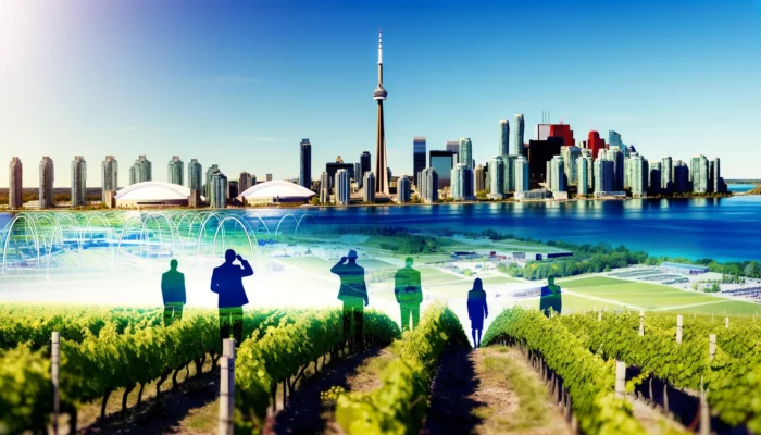 Toronto skyline with vineyard overlay.