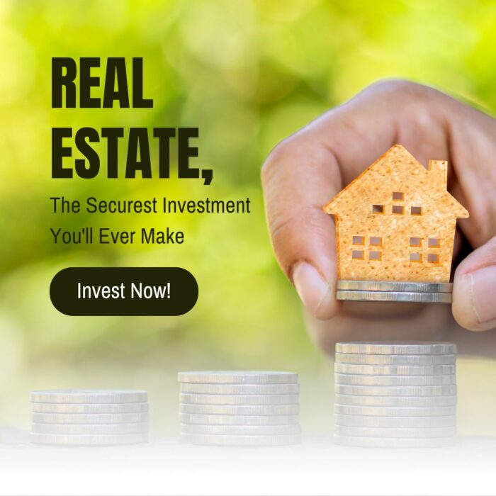Promotional real estate investment ad with coins and house model.