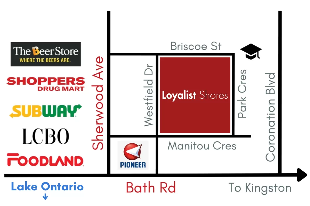 Diagram map of Loyalist Shores with stores and roads.