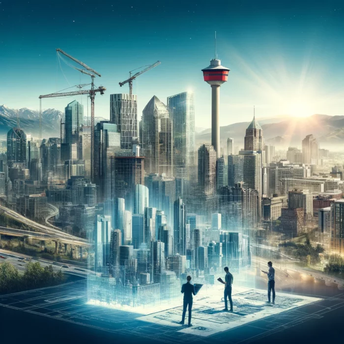 Futuristic cityscape with people and holographic urban planning.