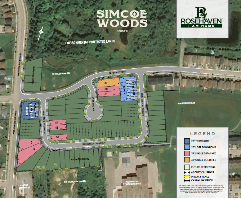 Simcoe Woods housing development site plan with legend.