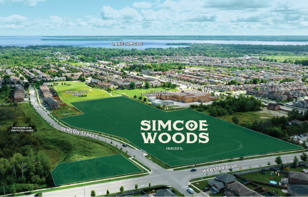 Aerial view of Simcoe Woods development in Innisfil near lake.