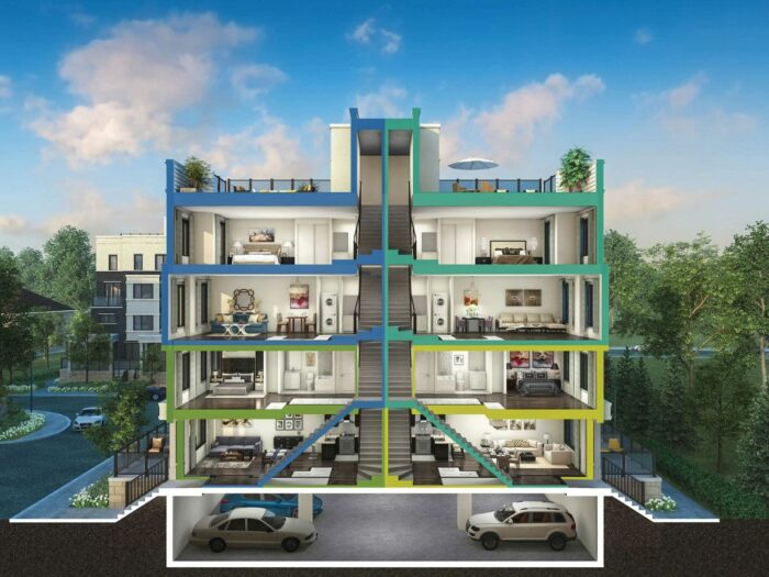 Cross-section of modern residential apartment building.