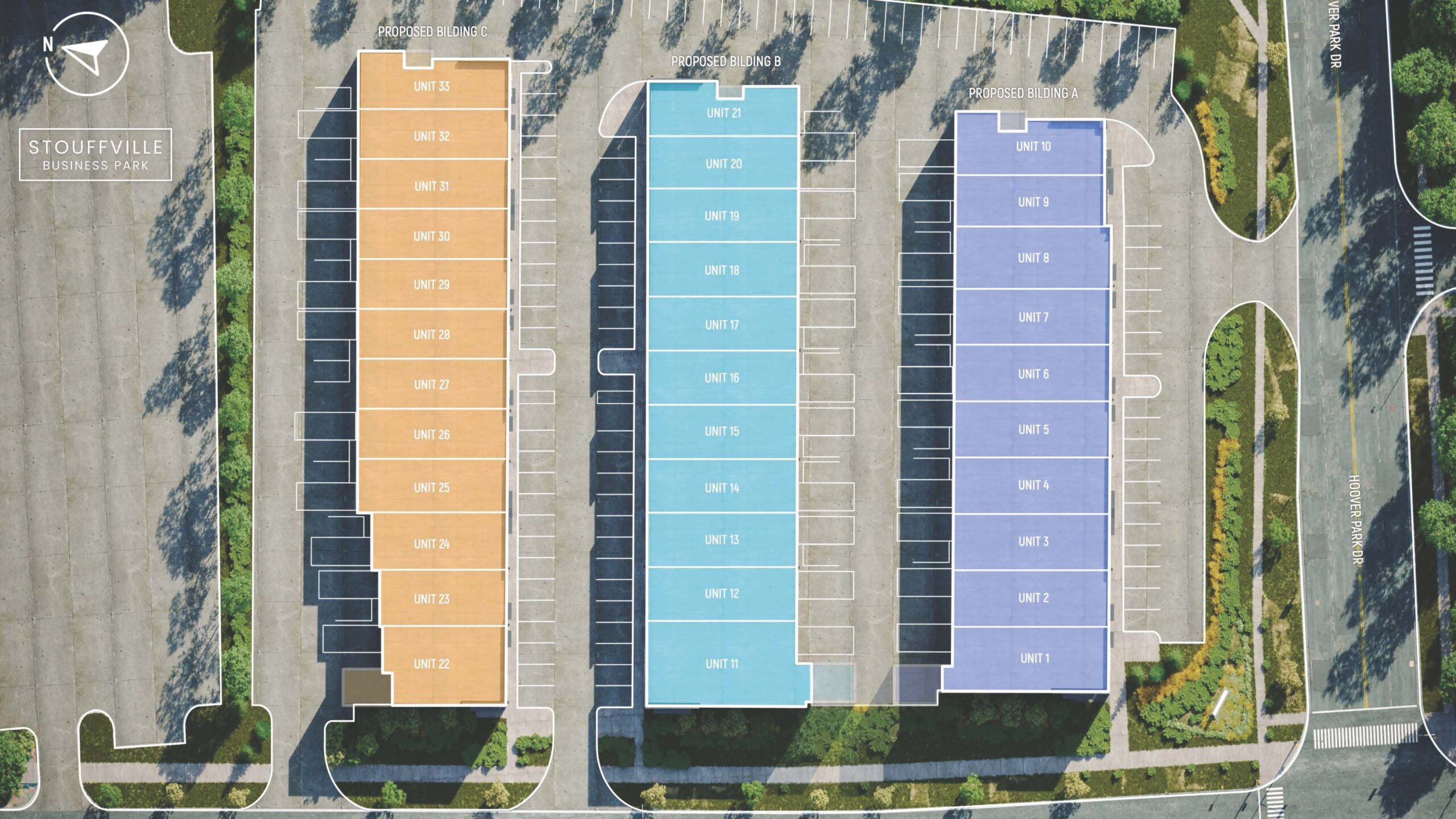 Aerial layout of Stouffville Business Park units.