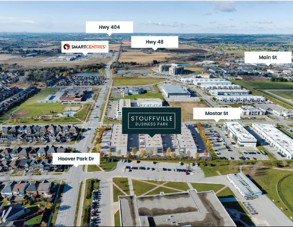 Aerial view of Stouffville Business Park with labeled roads.