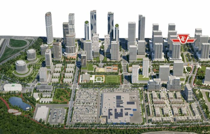 Aerial view of modern urban skyline with skyscrapers.