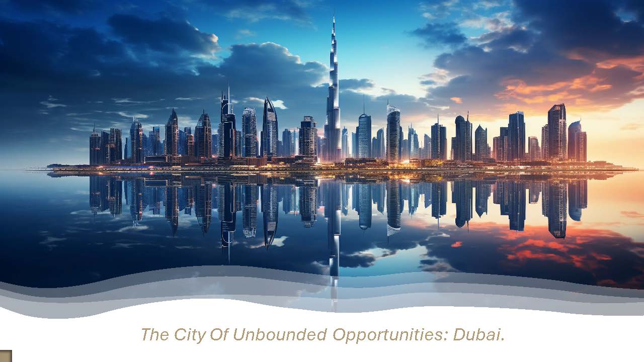 Dubai skyline at sunrise with reflection in water.