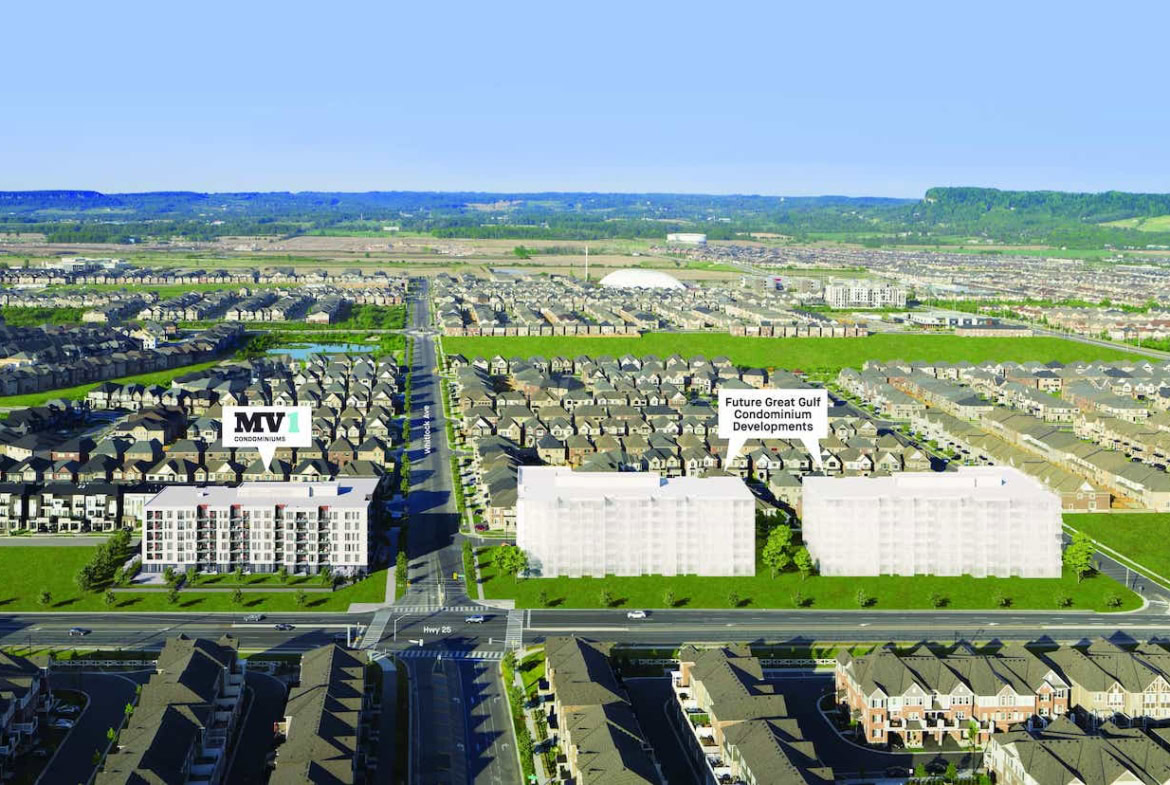 Aerial view of suburban development with labeled buildings.