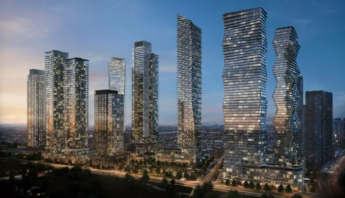 Modern skyscrapers at dusk in urban landscape.