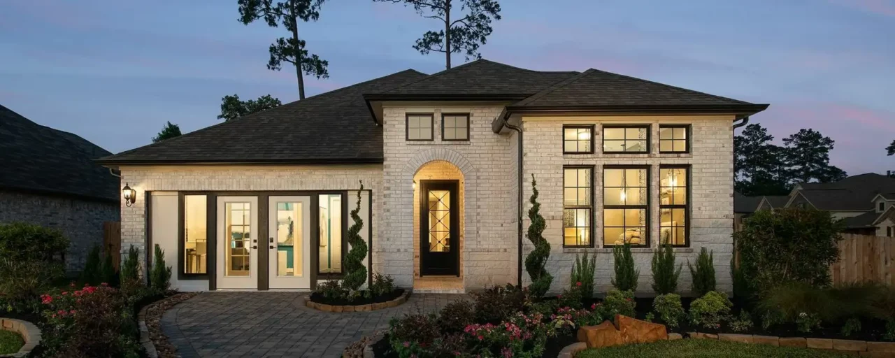 Modern brick house exterior at dusk