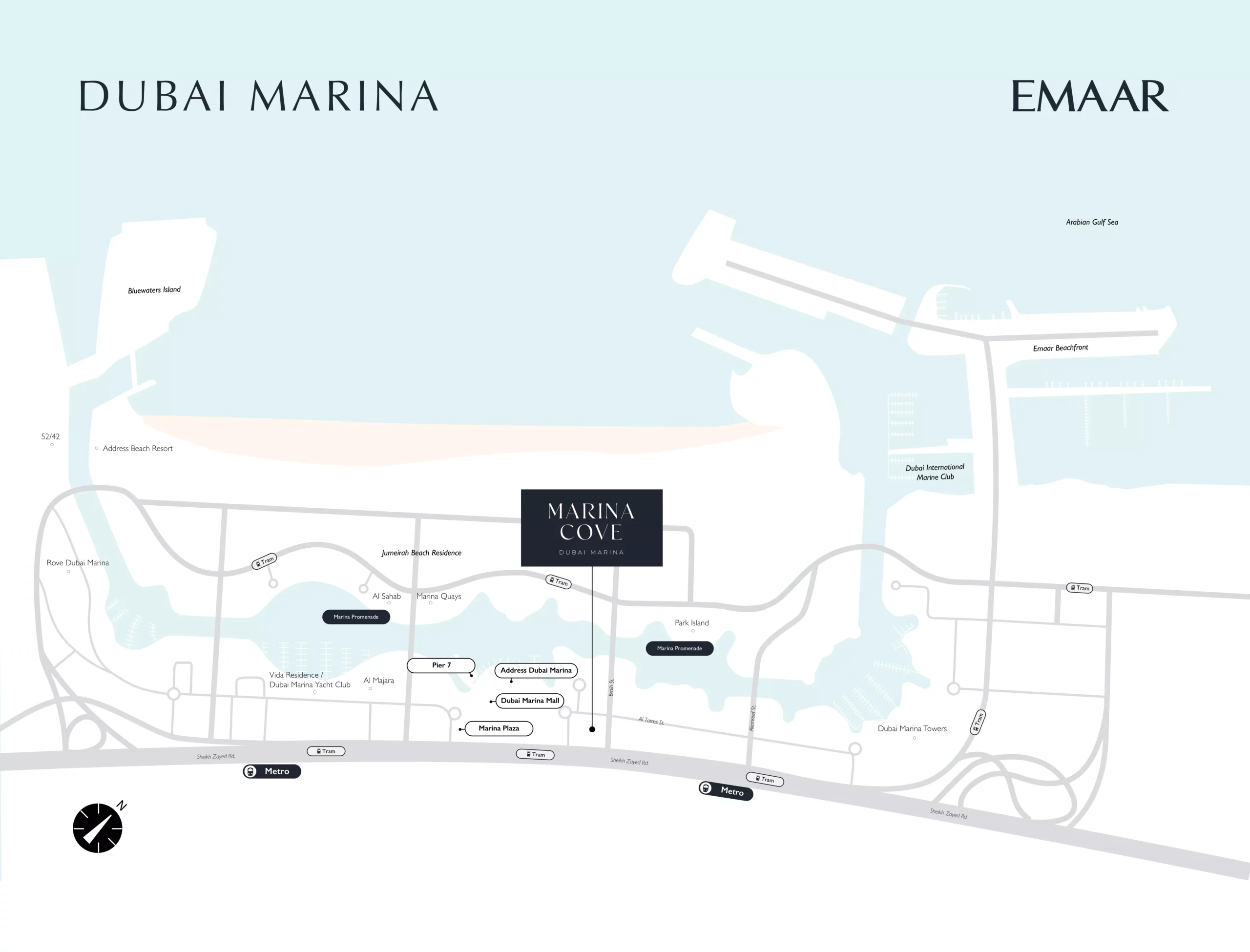 Map of Dubai Marina layout and landmarks.