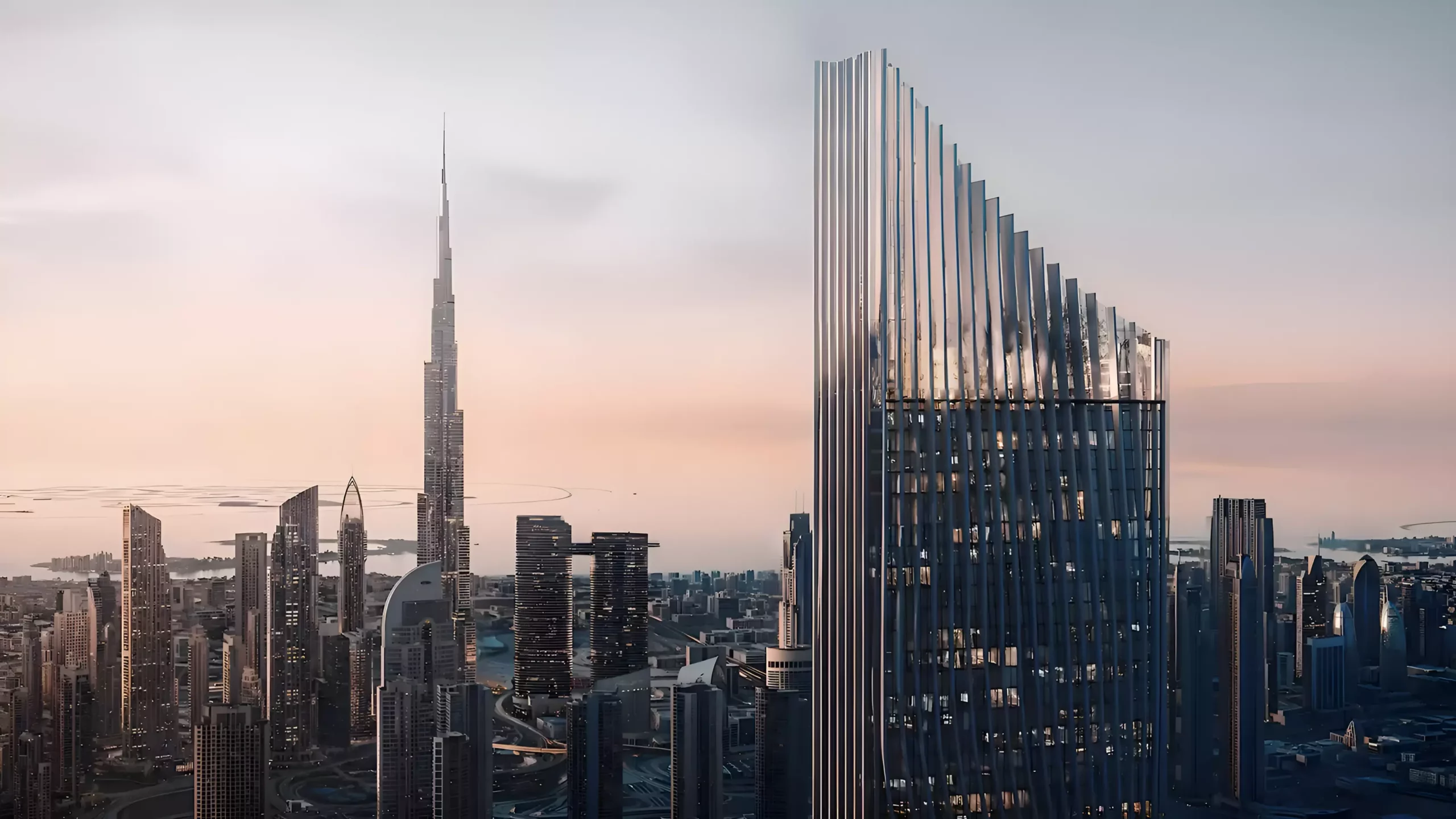 Dubai skyline with modern skyscrapers at sunset.