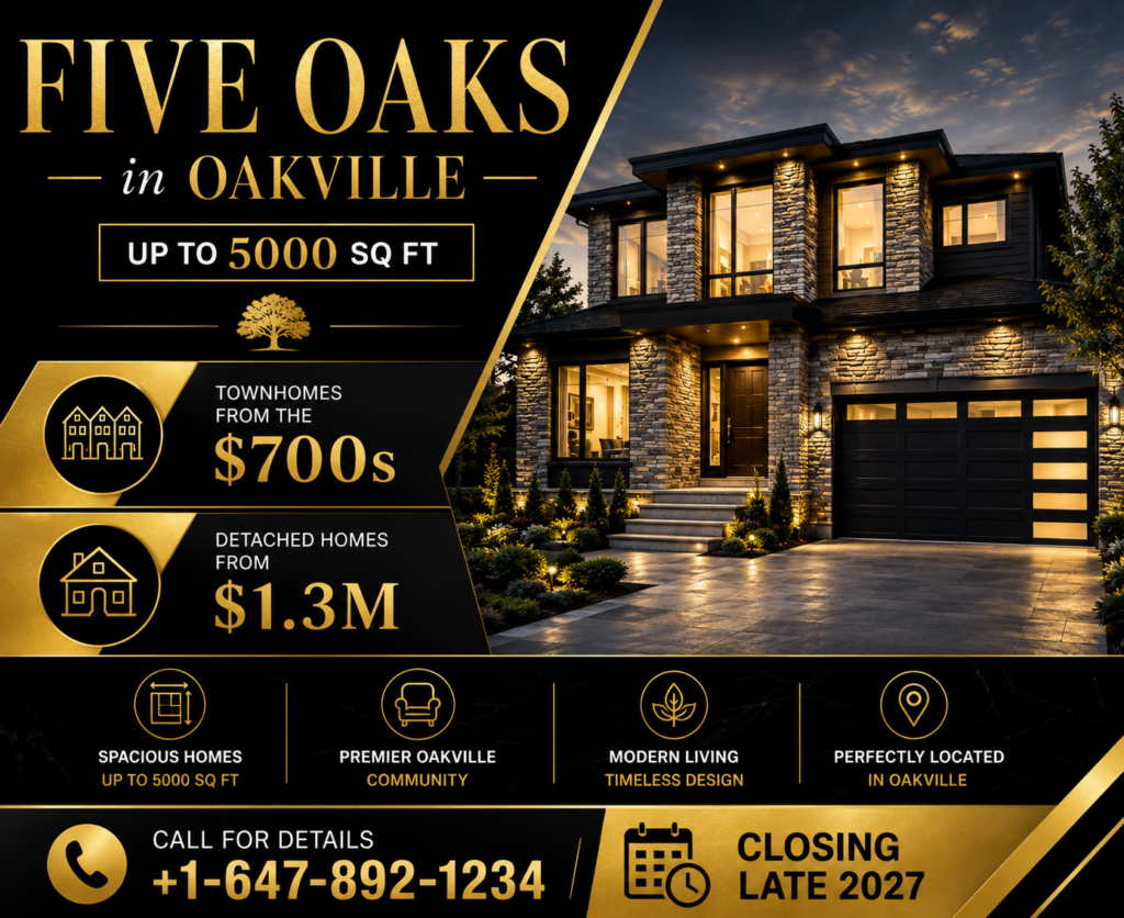 Five Oaks Oakville luxury homes advertisement with modern house