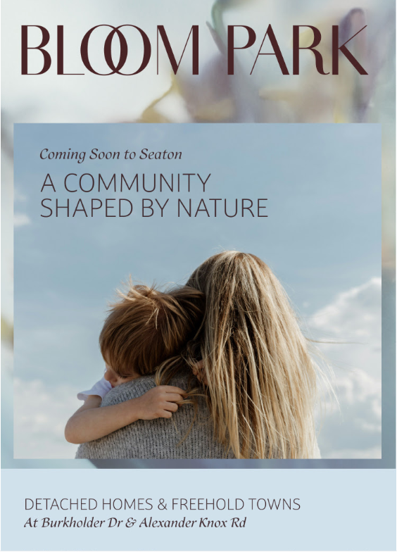 Bloom Park housing development advertisement featuring mother and child