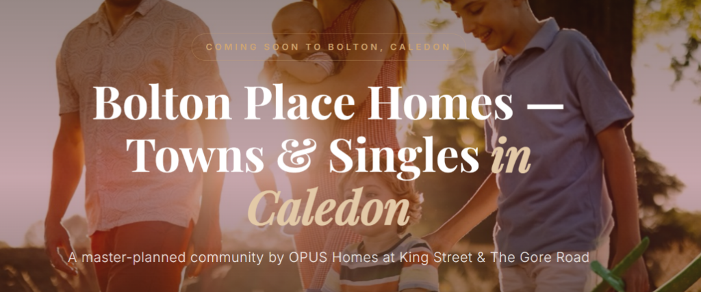 Family walking outdoors promoting Bolton Place Homes in Caledon