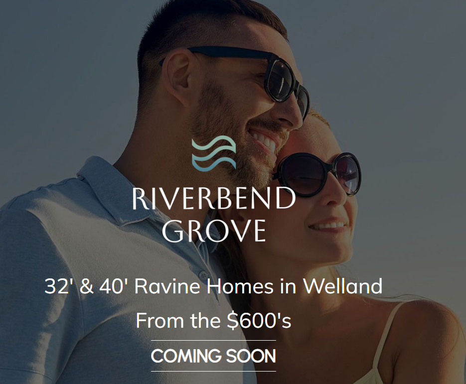 Smiling couple promotes Riverbend Grove homes in Welland